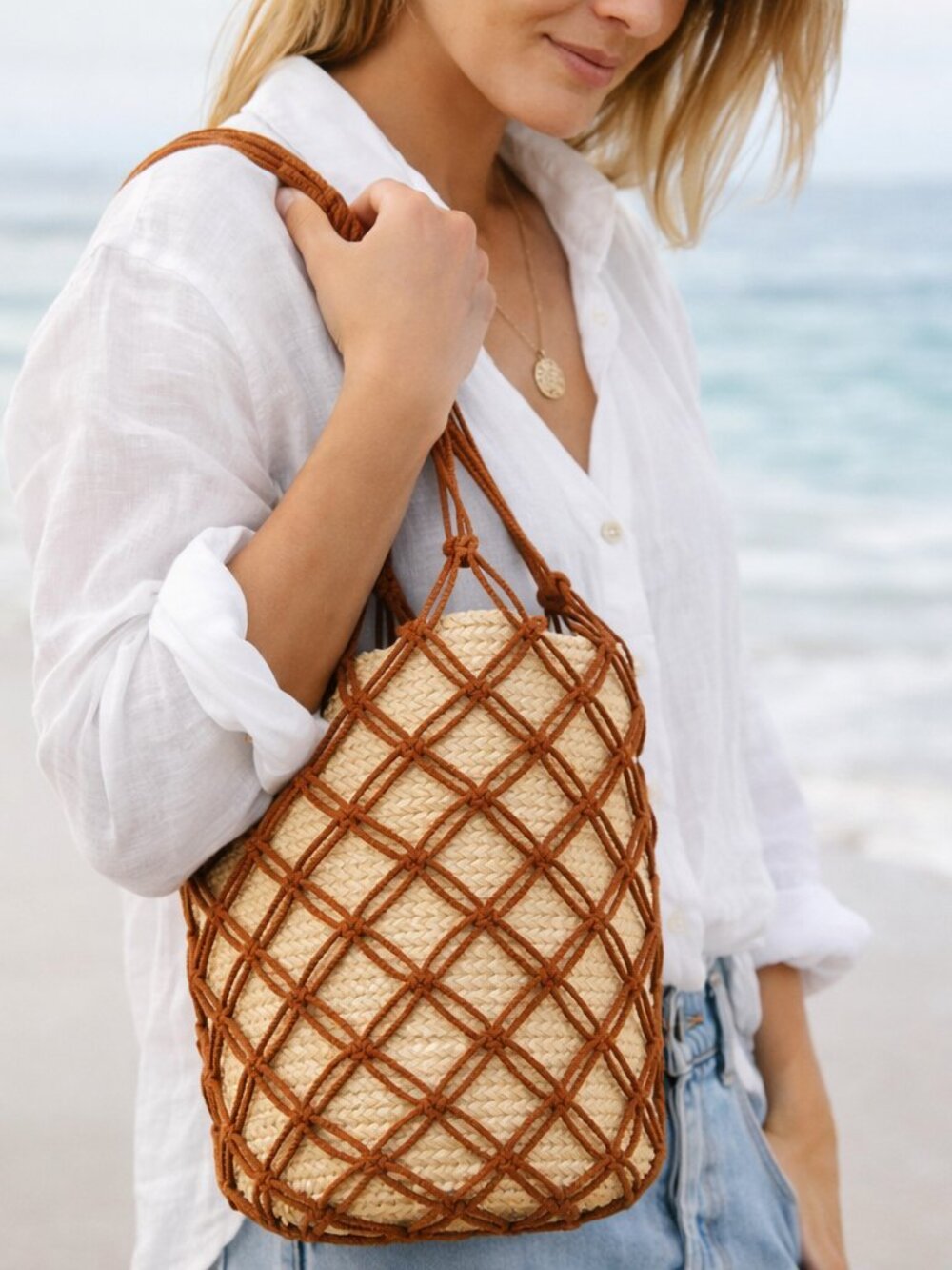 Woven Straw Bucket Bag w/ Macramé Net Overlay | Boho Coastal Summer Tote
